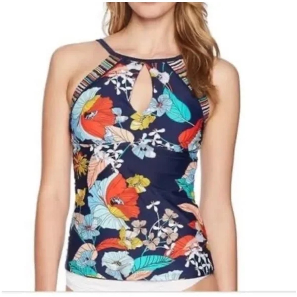 Floral Tankini Swim Top Keyhole Neckline Colorful Striped Trim